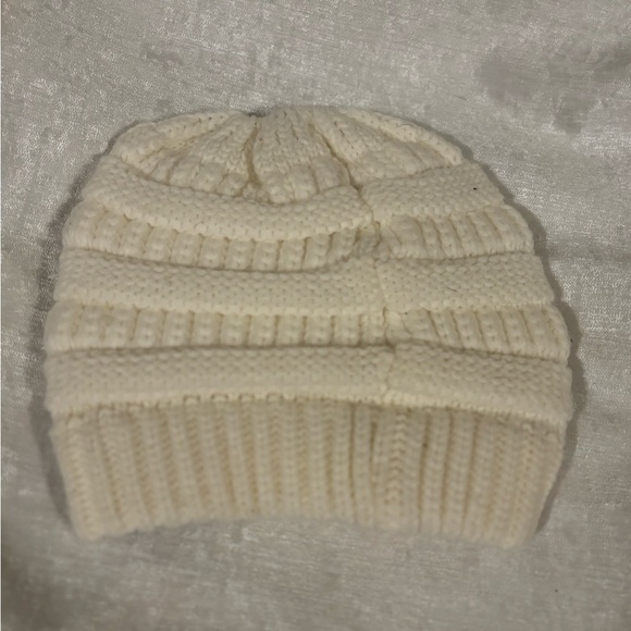 Cozy Cream Knit Beanie with up cycle patch ponytail beanie
